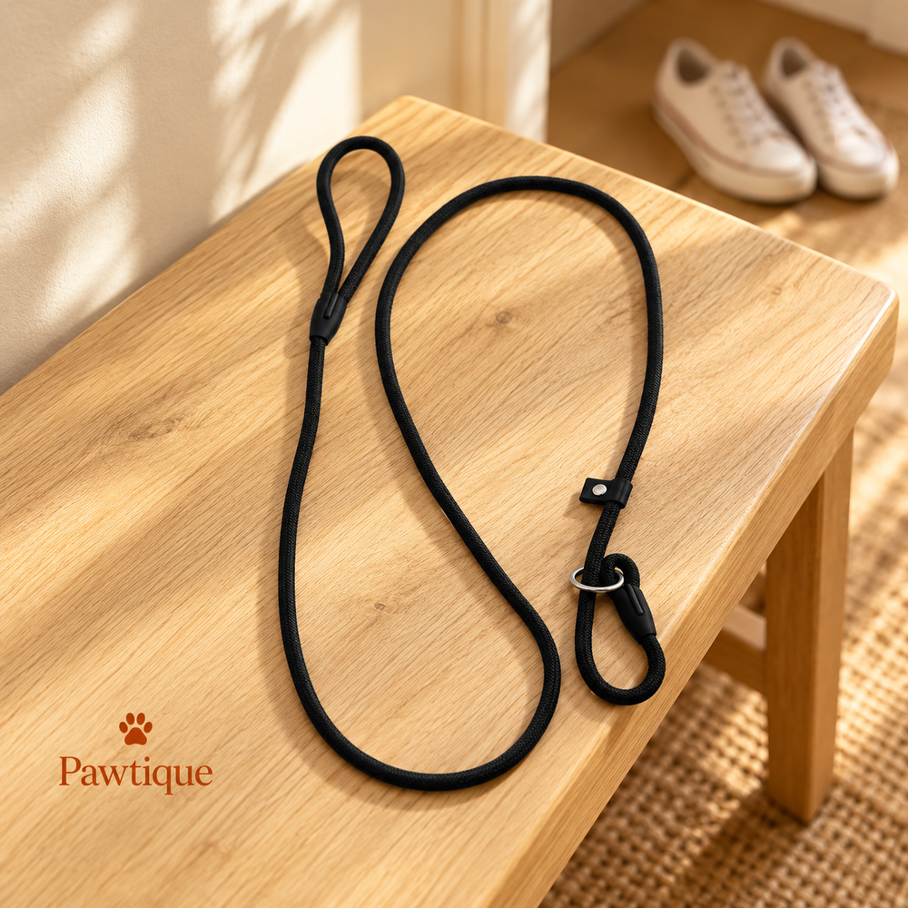 Black nylon slip lead laid on an entryway bench