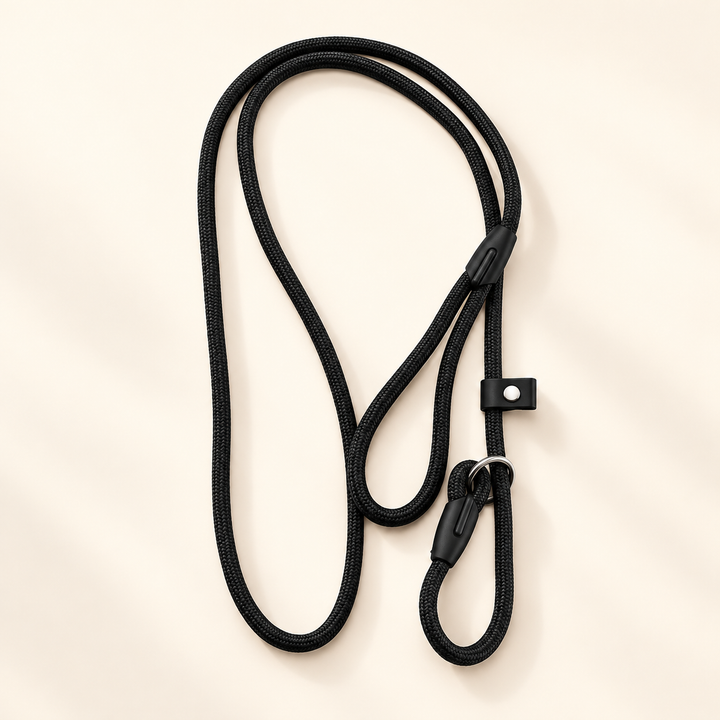 Black nylon slip lead with rope loop handle, ring and sliding stop on cream