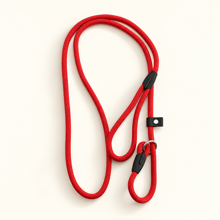 Red nylon slip lead with rope loop handle, ring and sliding stop on cream