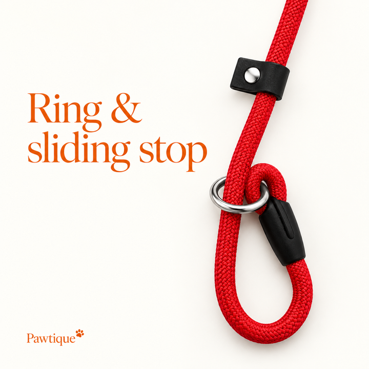 Red slip lead ring and sliding stop close-up