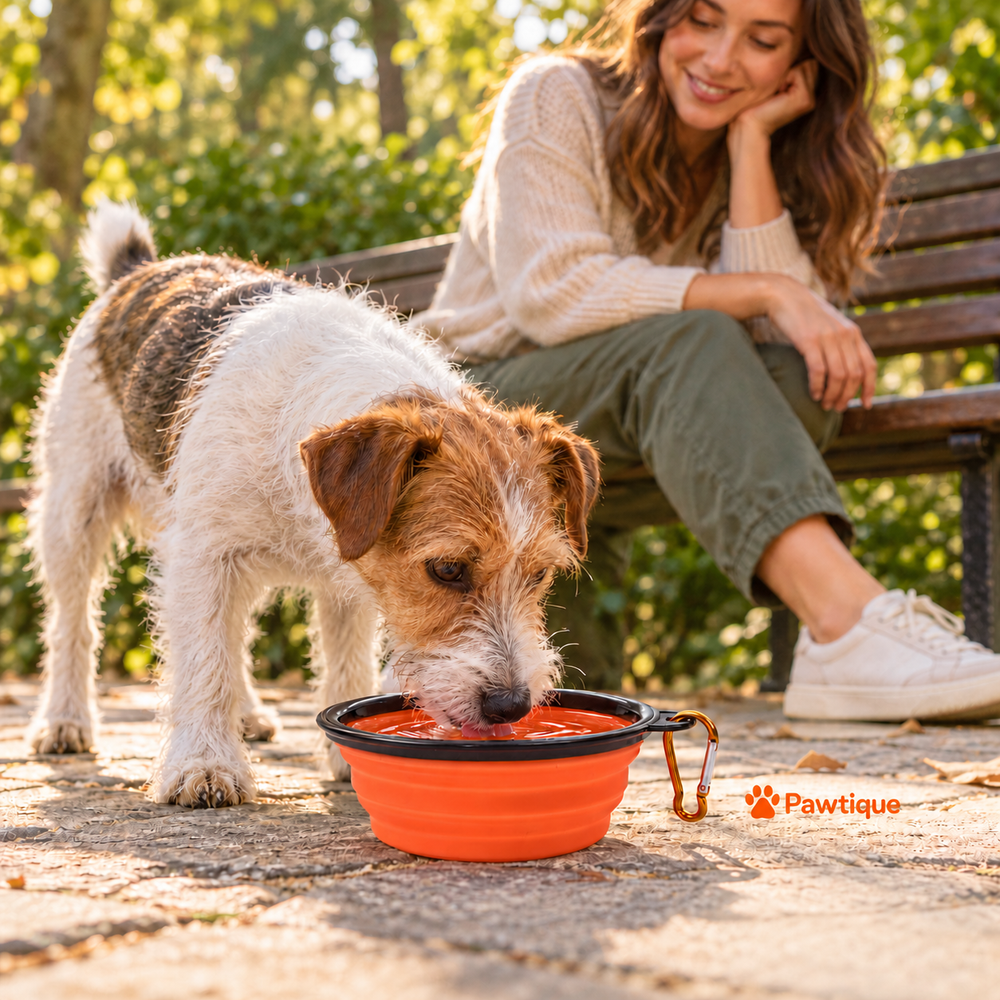 Dog drinking from an orange travel bowl during a park walk