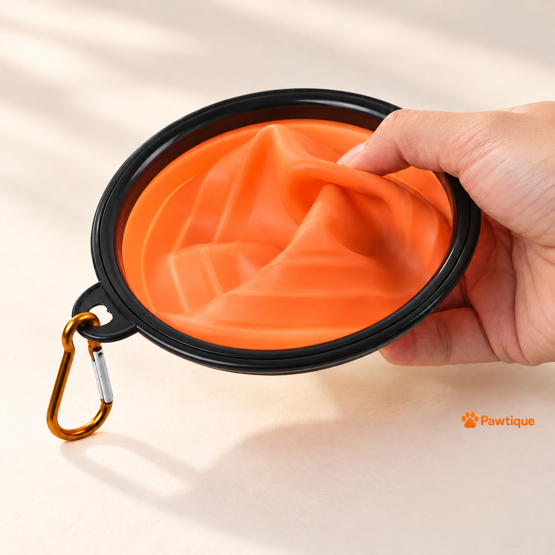 Hand pressing the flexible orange travel bowl inward for storage