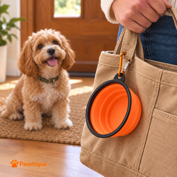 Empty expanded orange travel bowl clipped to a day bag