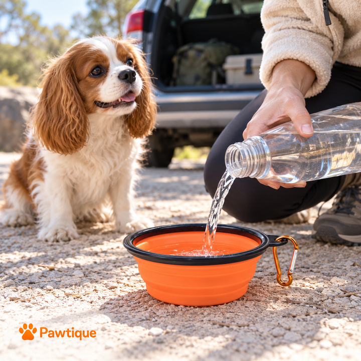 Filling an orange dog travel bowl during a parked-car rest stop