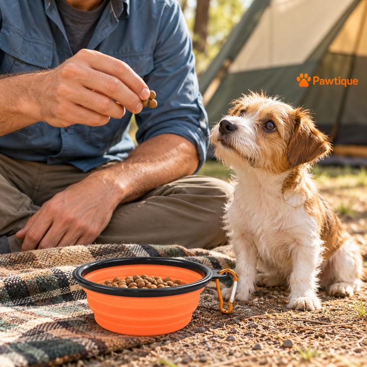 Preparing dry food in an orange travel bowl at a campsite