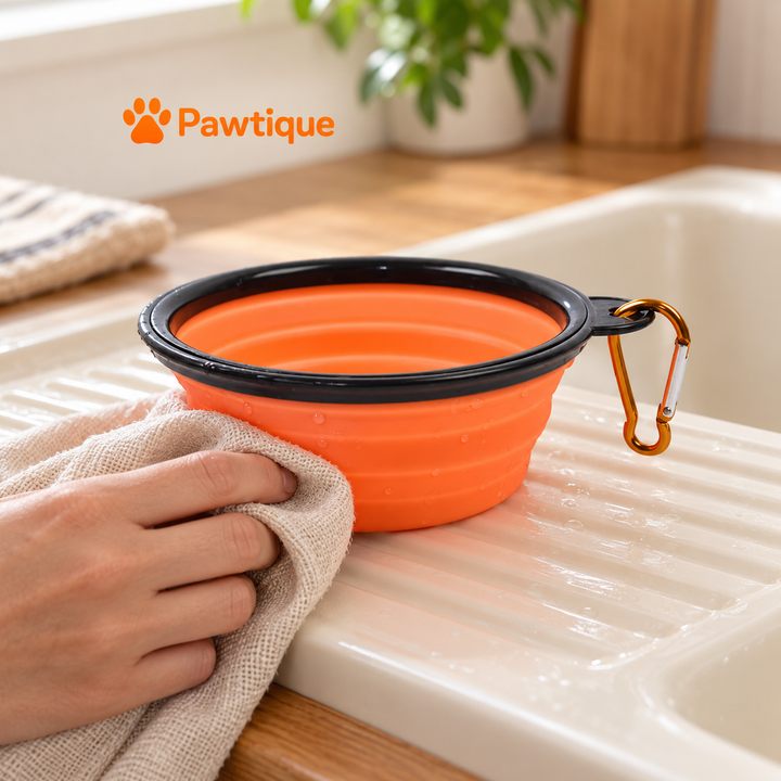 Drying an orange travel bowl by hand after use