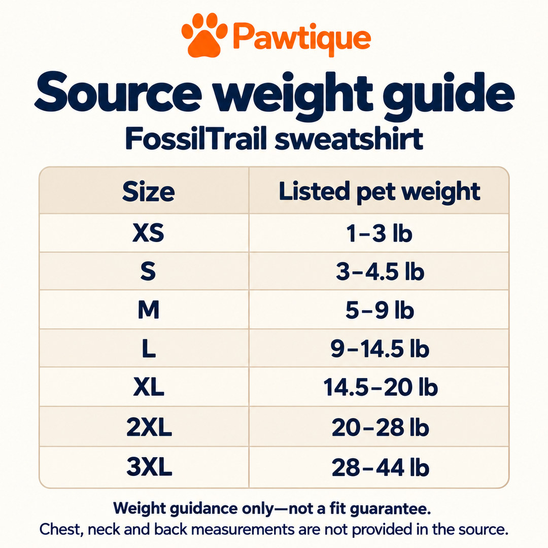 FossilTrail source weight guide XS through 3XL; chest neck and back dimensions are not provided