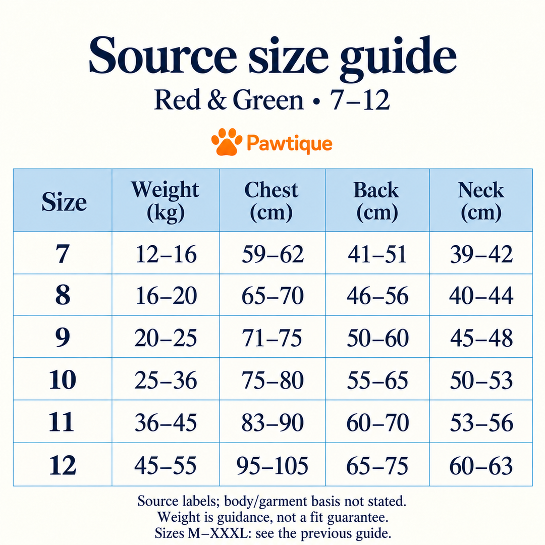 Colorfield source size guide 7 through 12; body or garment measurement basis not stated