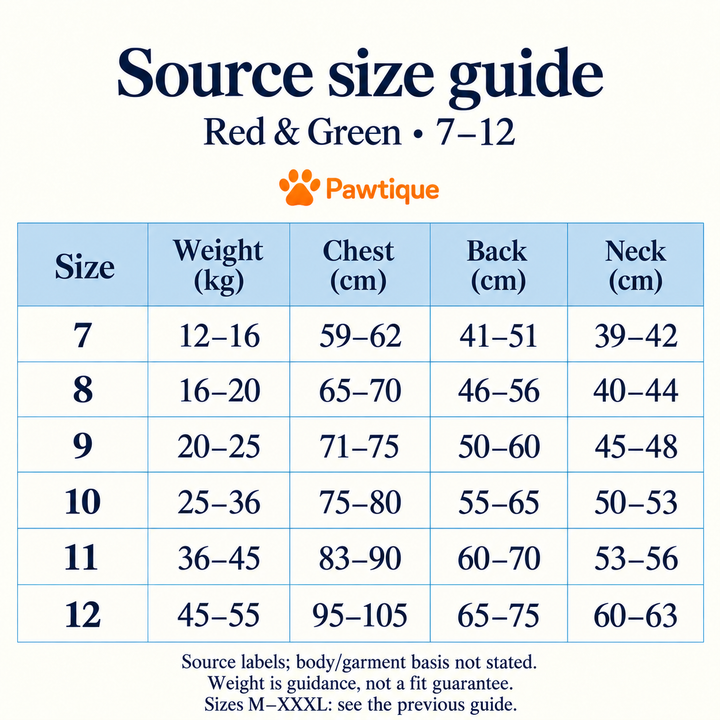 Colorfield source size guide 7 through 12; body or garment measurement basis not stated