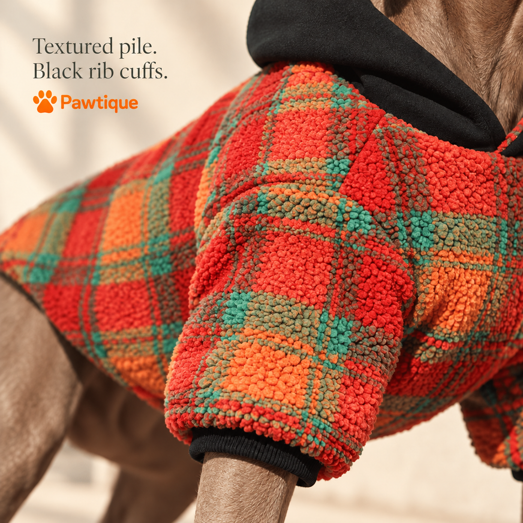 Colorfield red plaid textured pile with black rib cuffs