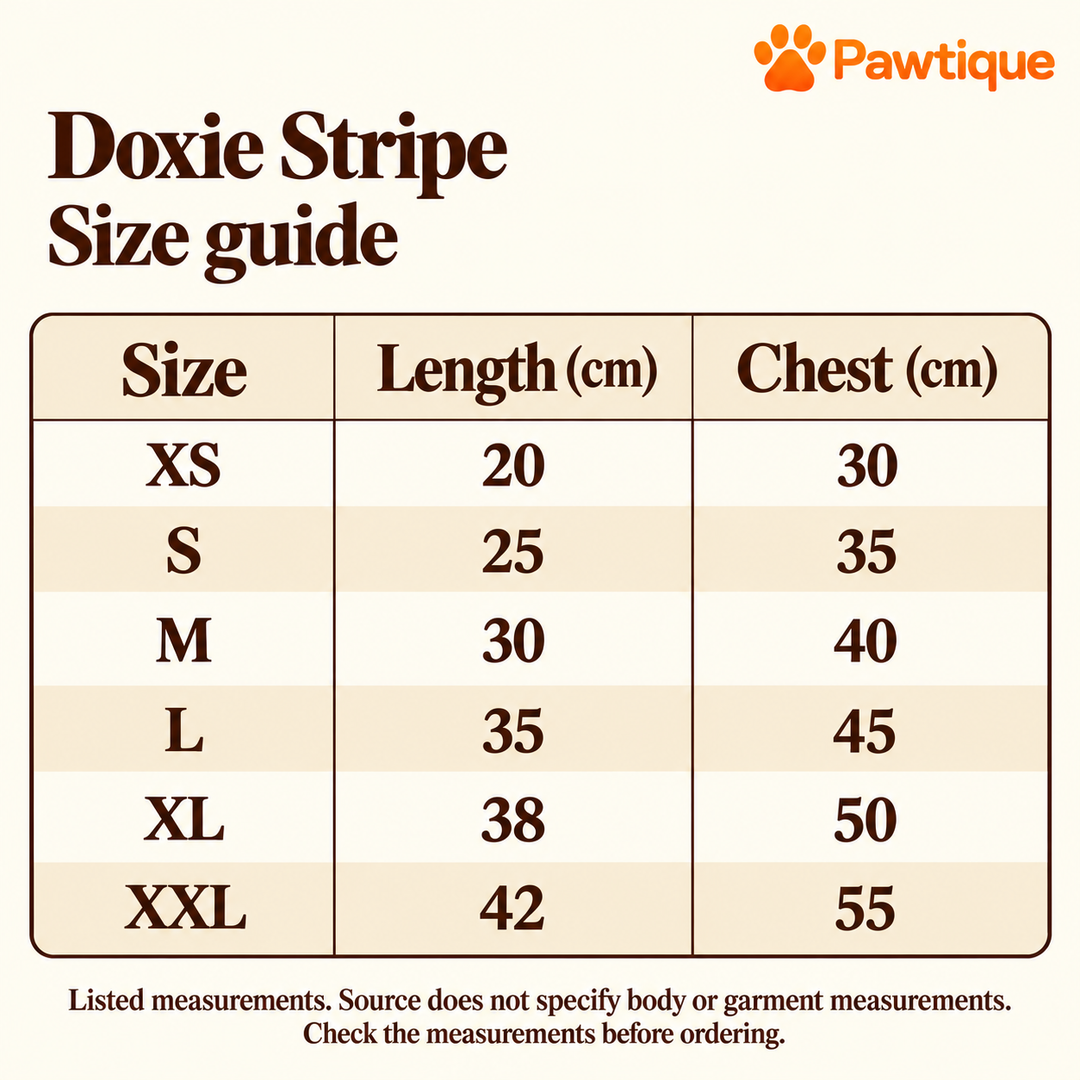 Doxie Stripe listed size chart in centimetres: XS to XXL length and chest, measurement basis not specified