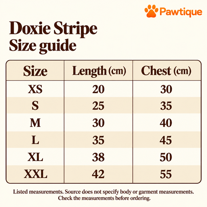 Doxie Stripe listed size chart in centimetres: XS to XXL length and chest, measurement basis not specified