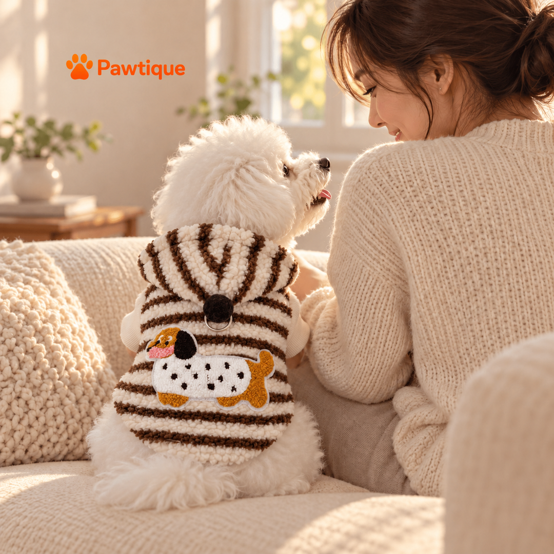 White dog wearing the black style Doxie Stripe hoodie sharing a quiet sofa moment with its owner