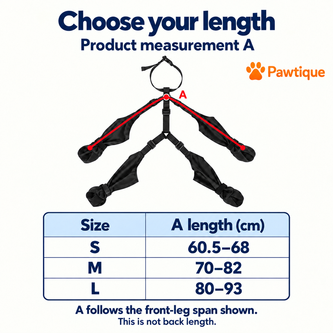 Pawtique Connected Dog Leggings — Product A front-leg span size guide