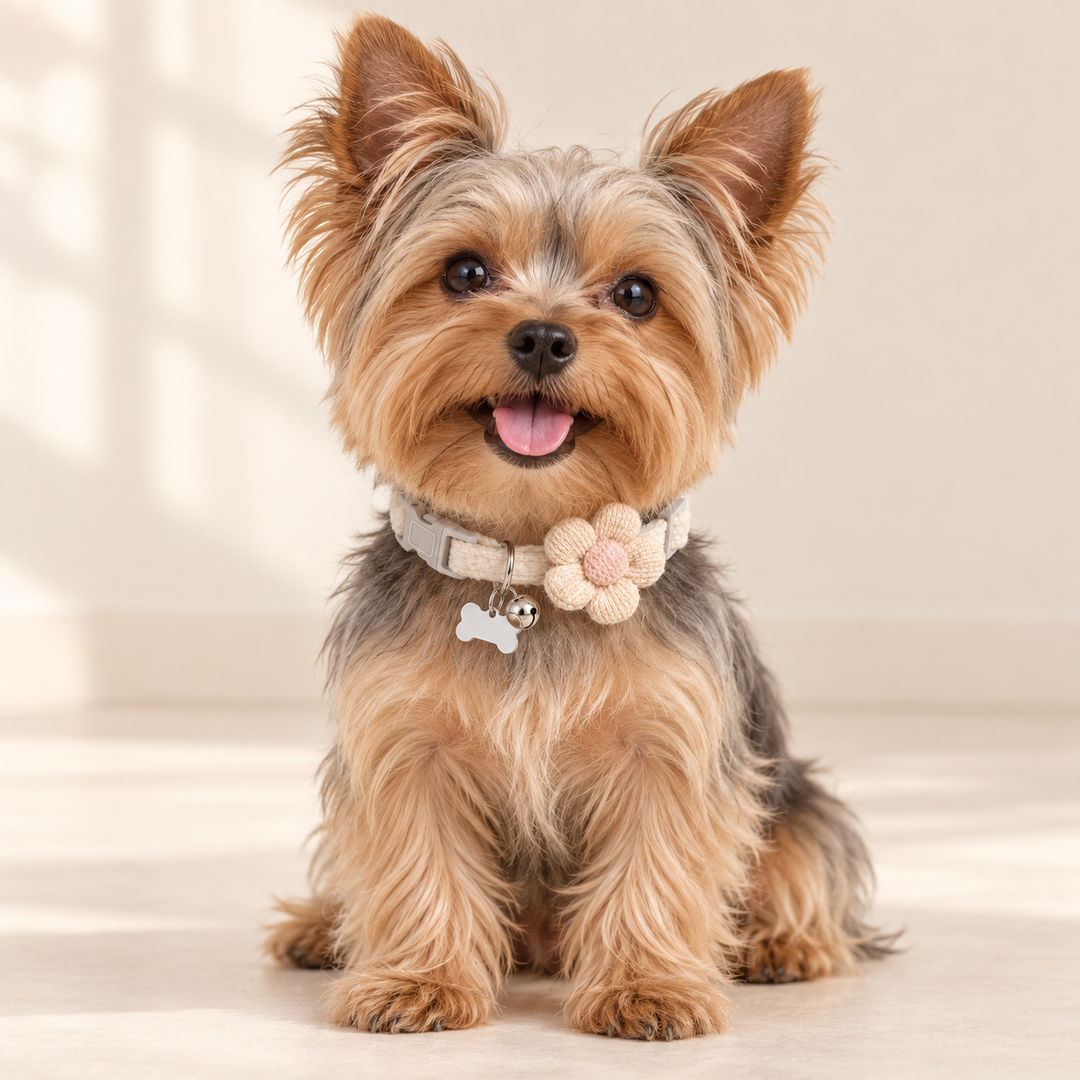 Yorkshire terrier wearing the apricot PetalCharm collar with cream flower and pink center.