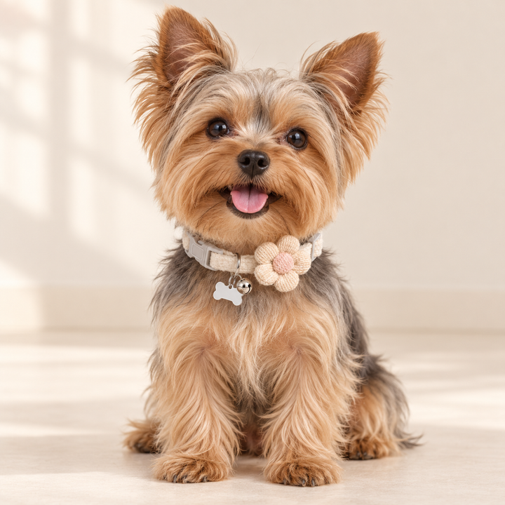 Yorkshire terrier wearing the apricot PetalCharm collar with cream flower and pink center.