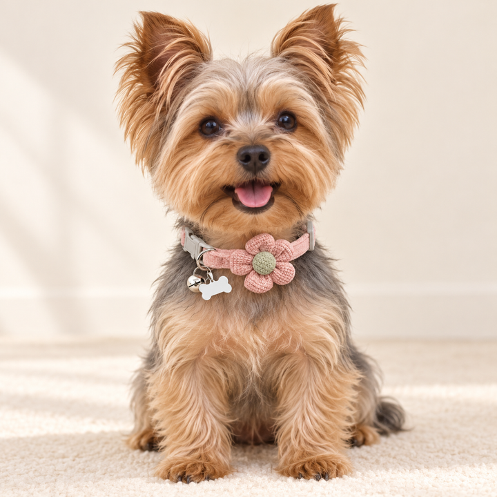 Yorkshire terrier wearing the pink PetalCharm floral collar with sage-toned center, bell and bone-shaped tag.