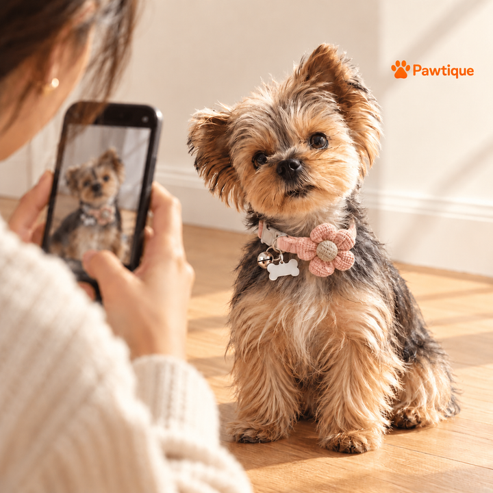 A pet owner photographs a Yorkshire terrier wearing the pink PetalCharm collar.