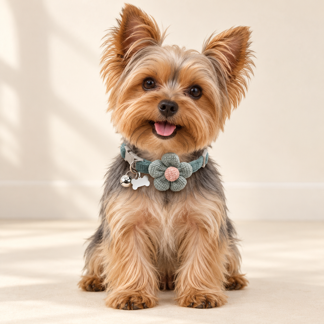 Yorkshire terrier wearing the green PetalCharm collar with five-petal flower, pink center, silver-tone bell and bone-shaped tag.