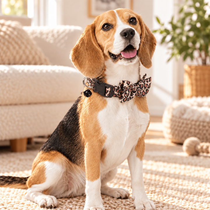 Beagle wearing brown leopard bow collar with black buckle and bell