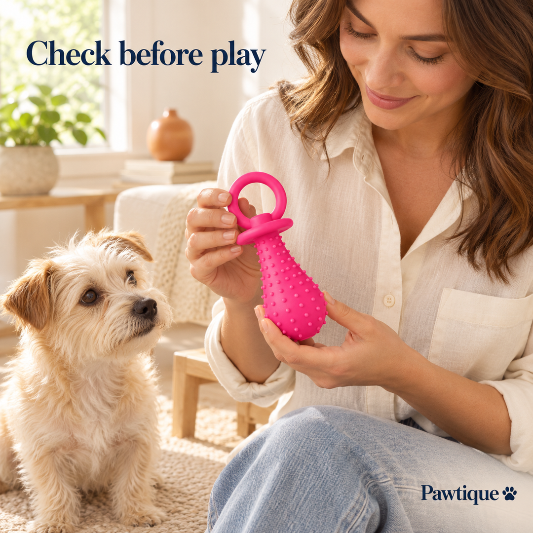 An adult checks the ring and body of a pink PaciPlay toy before supervised play.