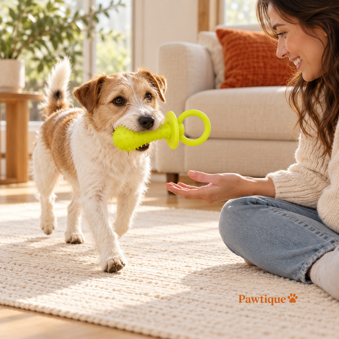 A dog carries a lime-green PaciPlay toy toward its seated owner during supervised play.