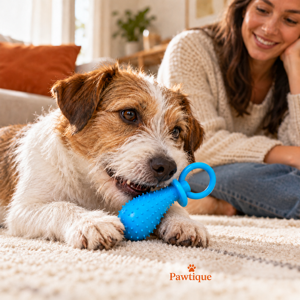 An adult supervises a dog gently mouthing the blue PaciPlay toy on a rug.