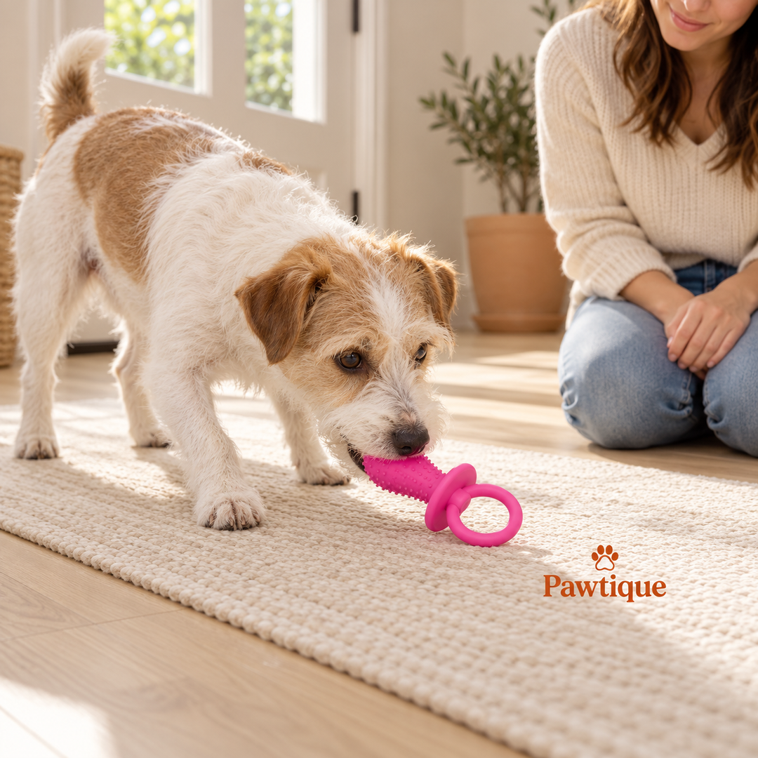 A dog picks up a pink PaciPlay toy while its owner watches nearby.