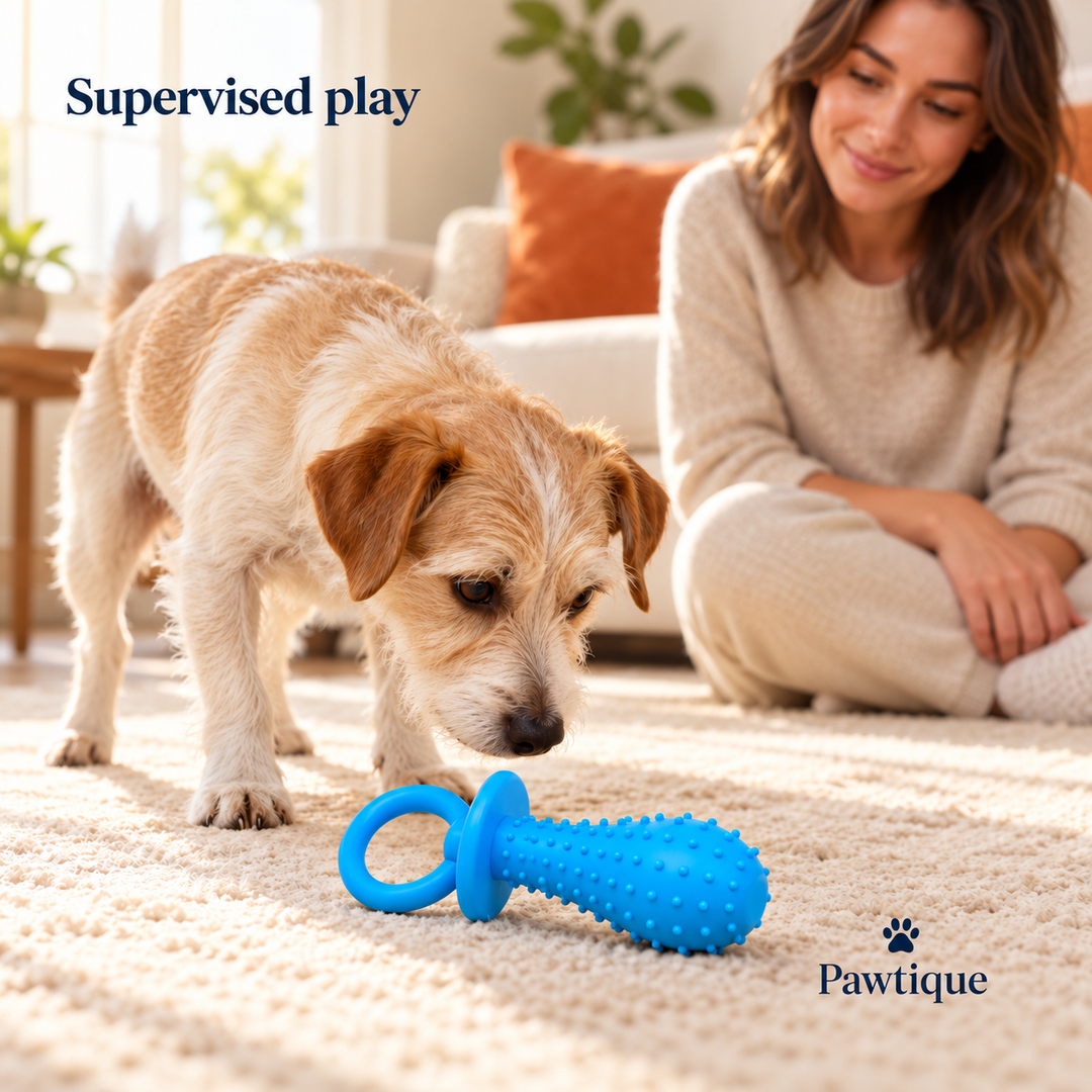 An adult supervises a dog sniffing a blue PaciPlay toy on a rug.