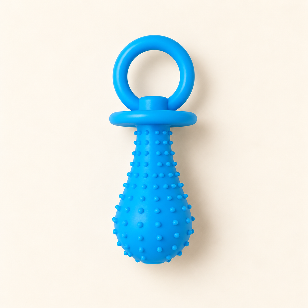 Pawtique PaciPlay TPR pacifier dog toy in blue, Large, on a warm cream background.