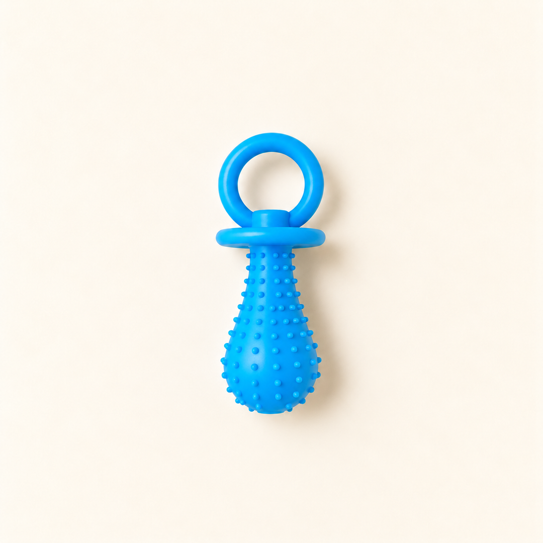 Pawtique PaciPlay TPR pacifier dog toy in blue, Small, on a warm cream background.
