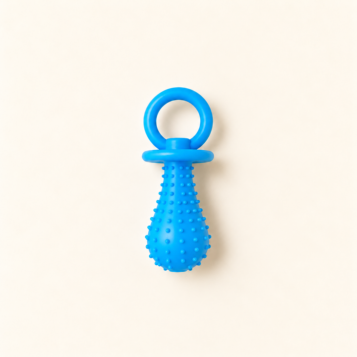 Pawtique PaciPlay TPR pacifier dog toy in blue, Small, on a warm cream background.