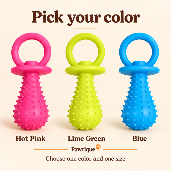 PaciPlay TPR pacifier dog toy options: Pink, Lime Green and Blue. Choose one color and one size.