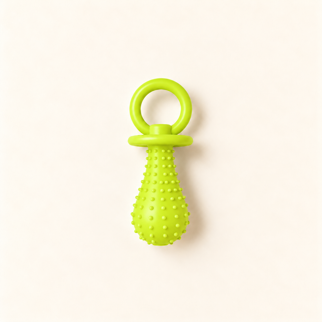 Pawtique PaciPlay TPR pacifier dog toy in Lime Green, Small, on a warm cream background.