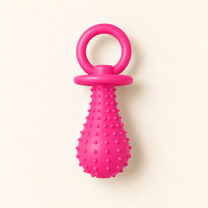 Pawtique PaciPlay TPR pacifier dog toy in pink, Large, on a warm cream background.