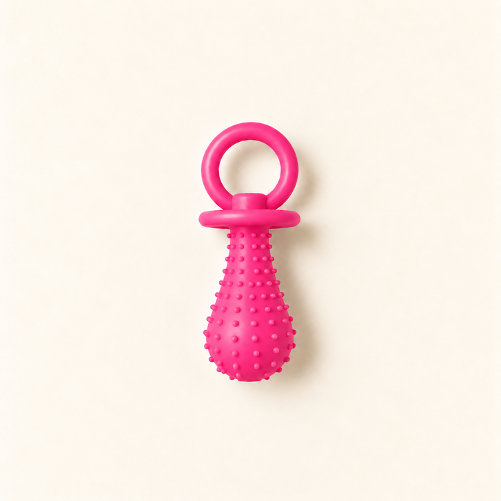 Pawtique PaciPlay TPR pacifier dog toy in pink, Small, on a warm cream background.