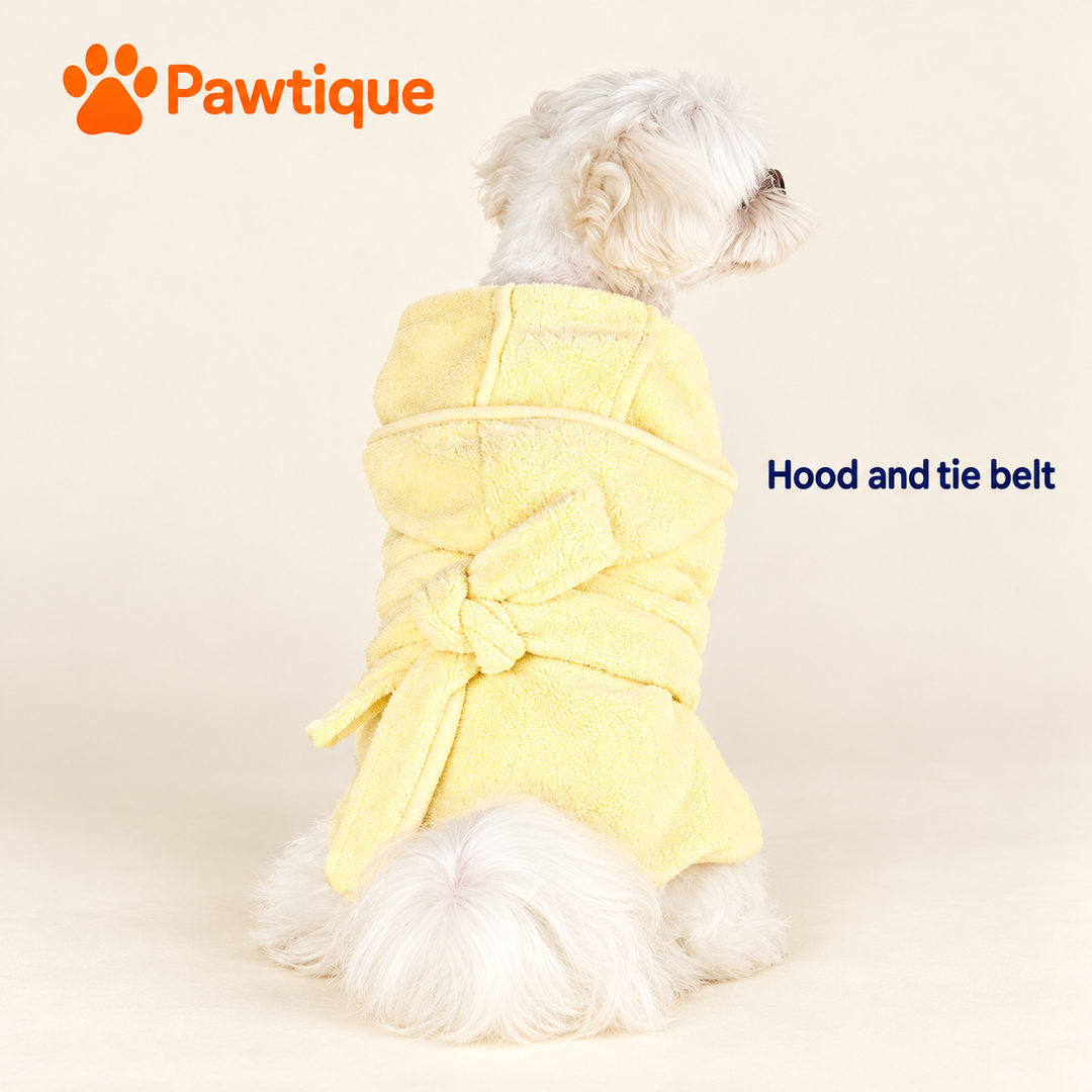 Back view of the yellow Pastel robe showing the hood and tie belt