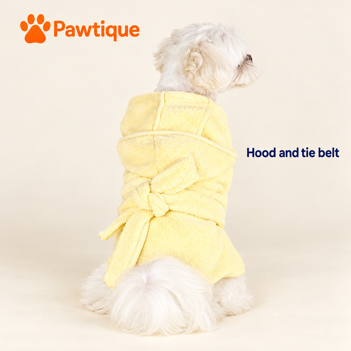 Back view of the yellow Pastel robe showing the hood and tie belt