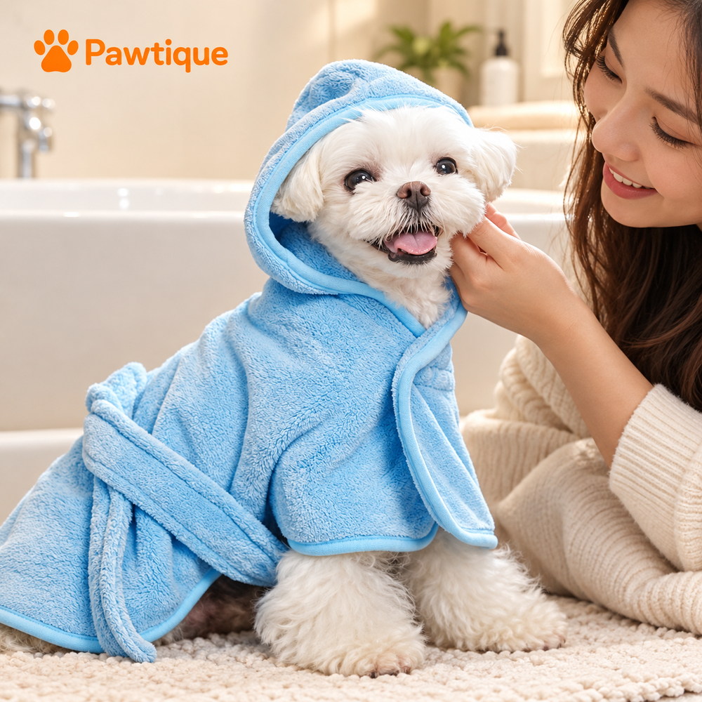 Caregiver comforting a dog in the blue hooded Pastel robe after a bath