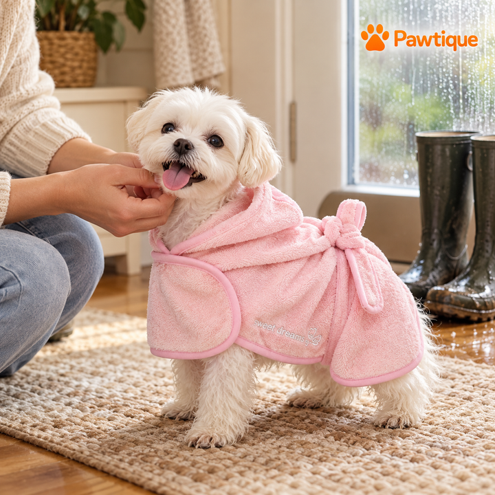 Dog wearing the pink Pastel robe indoors after a rainy walk