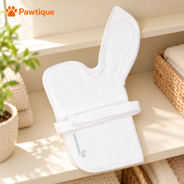 White Pastel hooded robe stored on a clean bathroom shelf