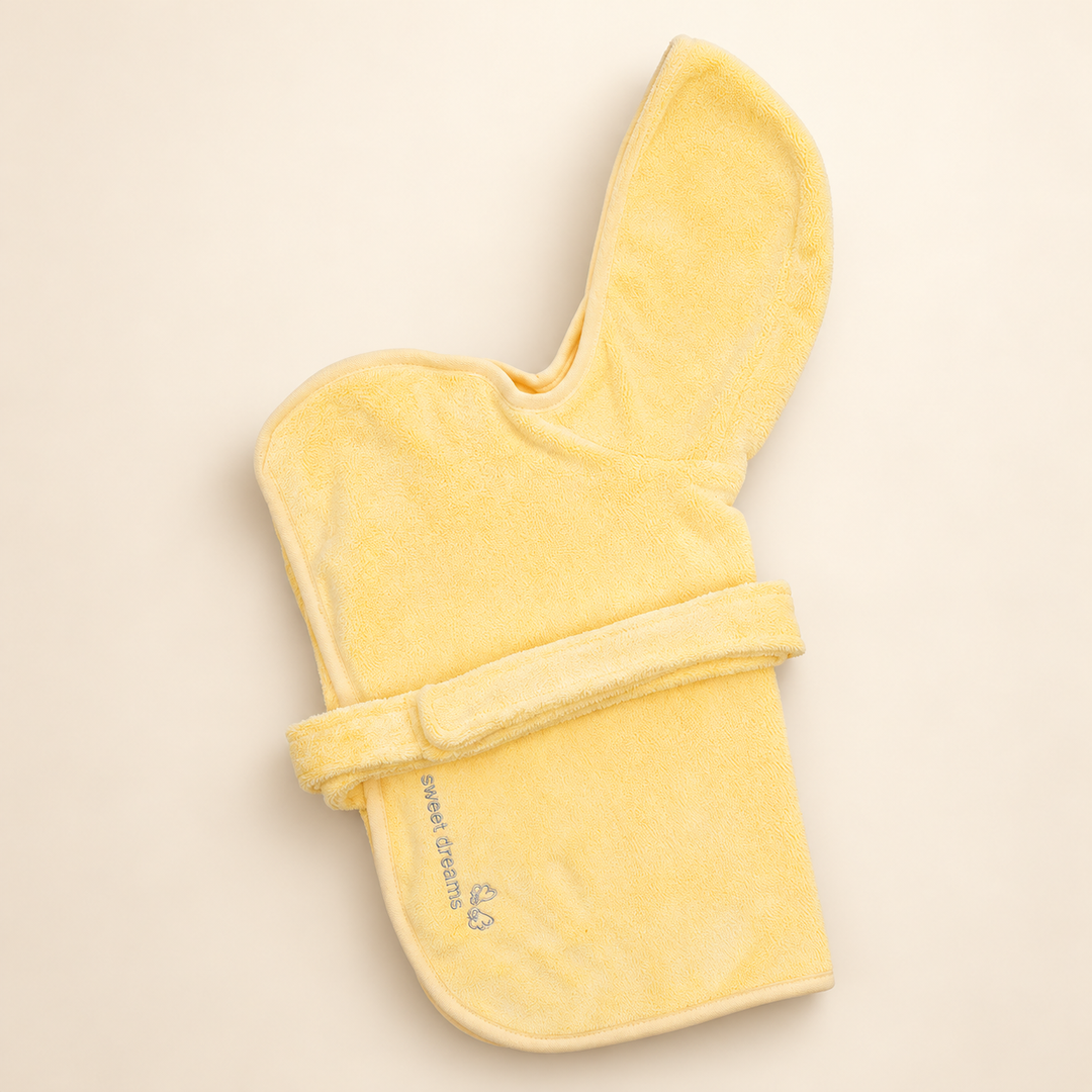 Yellow Pastel hooded pet bathrobe with original sweet dreams embroidery and fabric waist belt