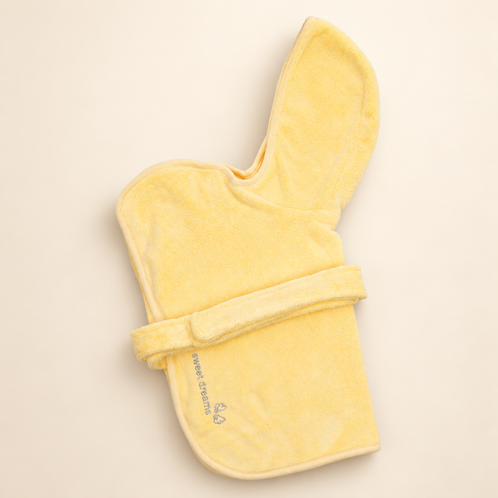 Yellow Pastel hooded pet bathrobe with original sweet dreams embroidery and fabric waist belt