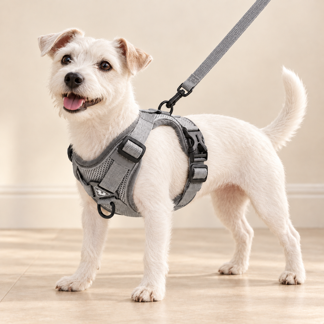 White terrier wearing the gray PawSecure mesh harness with front and back attachment rings