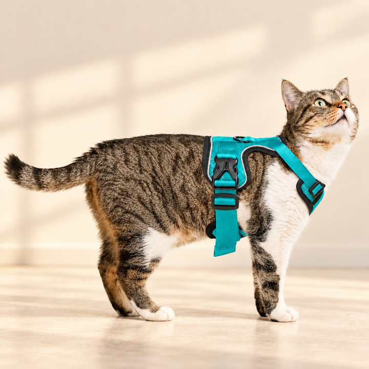 Tabby cat wearing the turquoise Green PawSecure mesh harness