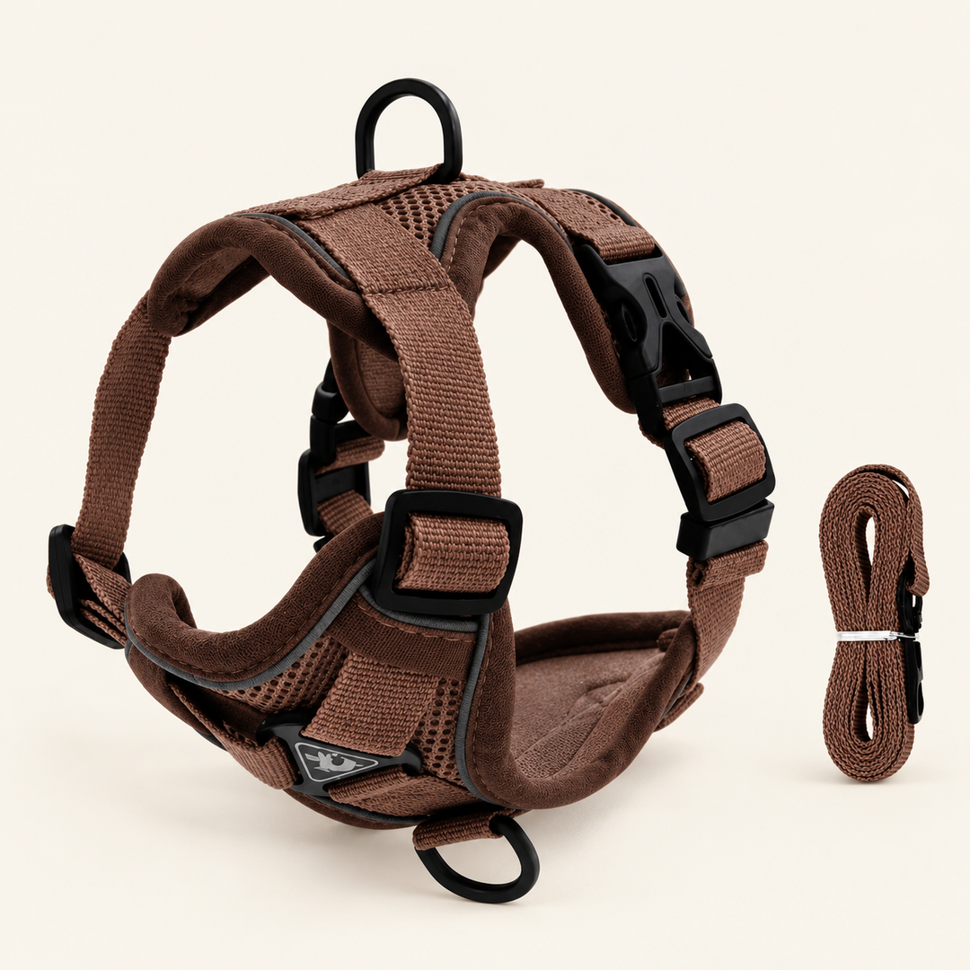 PawSecure brown mesh harness and matching leash set on a cream background