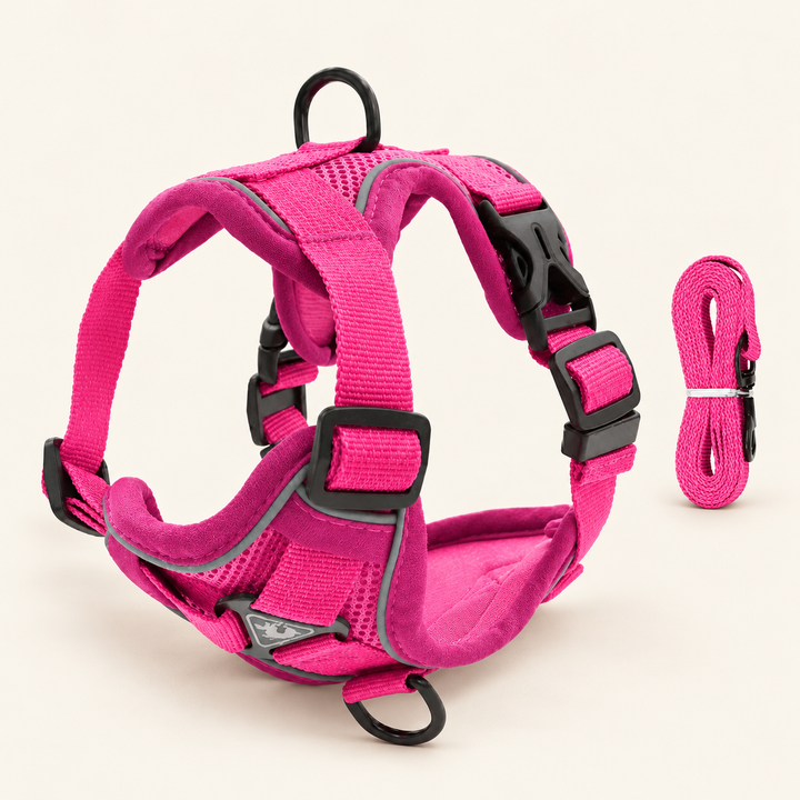 PawSecure pink mesh harness and matching leash set on a cream background
