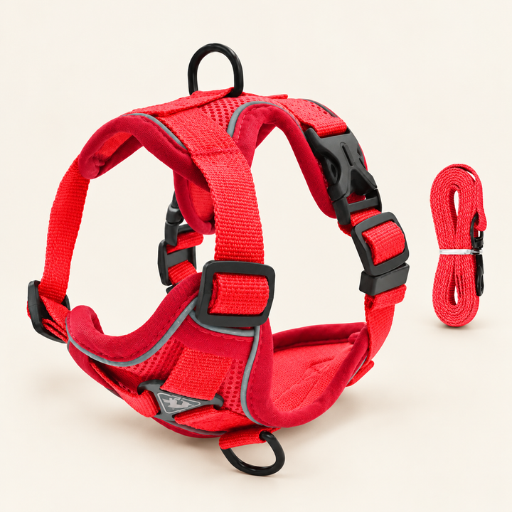 PawSecure red mesh harness and matching leash set on a cream background