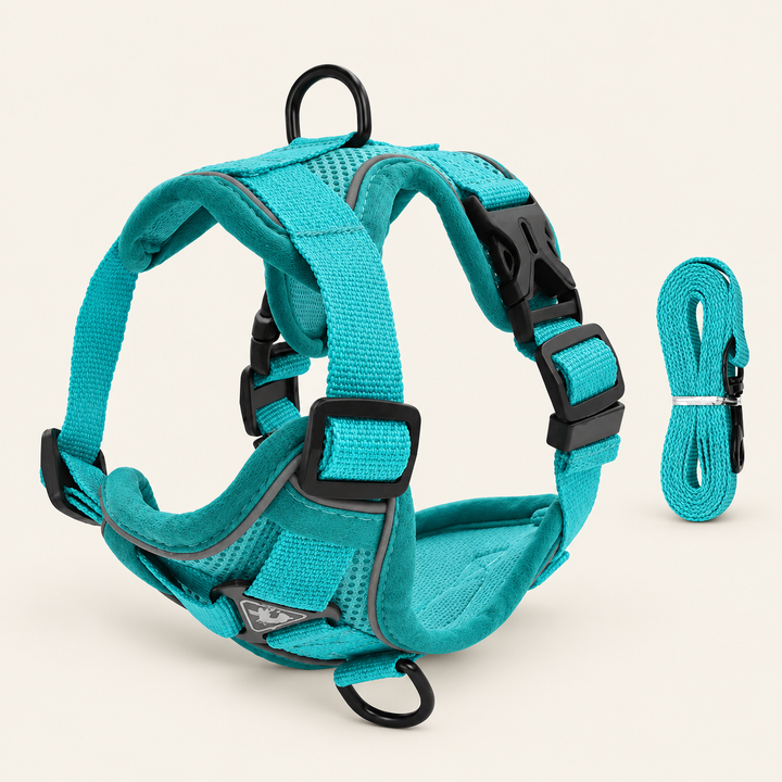 PawSecure Green color option shown in turquoise, with matching leash