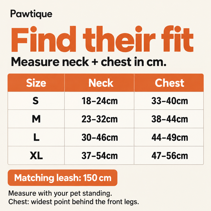PawSecure size chart: S neck 18–24 cm, chest 33–40 cm; M 23–32 and 38–44; L 30–46 and 44–49; XL 37–54 and 47–56
